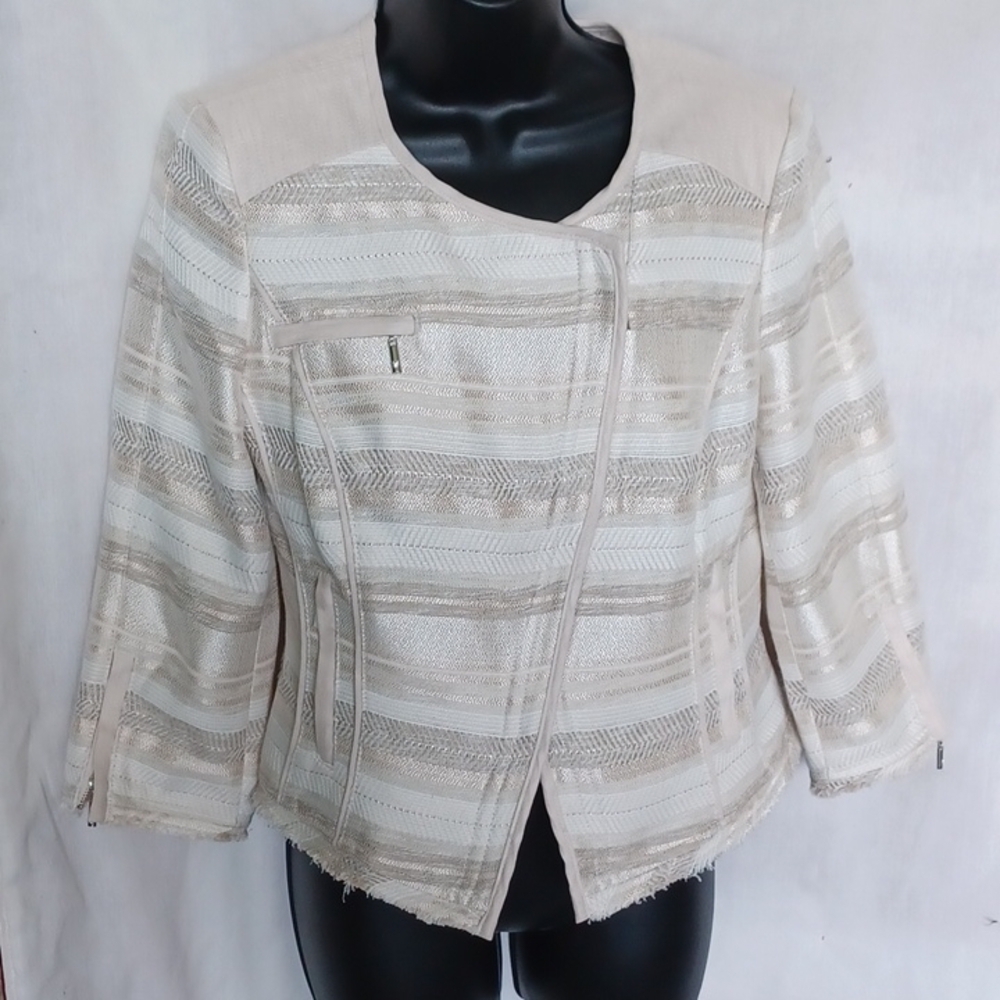 White House Black Market tweed Moto jacket, cream/tan, assymetrical zip front